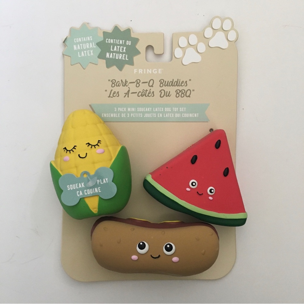 Dog Toys Squeaky Latex “Bark-B-Q Buddies” Hot dog Corn Watermelon NEW | Fringe